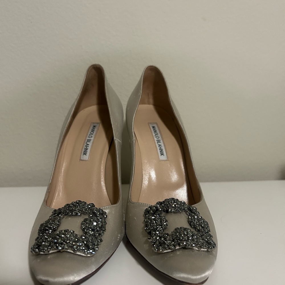 Manolo Blahnik Silver Heels with Ornate Embellishments